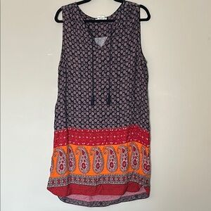 Beachlunchlounge Blue and White Sleeveless Midi Dress with Tie Front